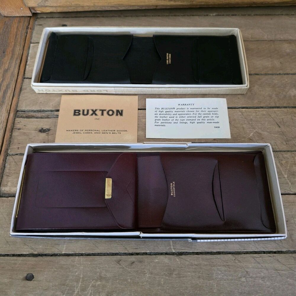 Vintage Buxton Men’s Leather Wallets 1 Black 1 Burgundy Lot Of 2 With Boxes READ